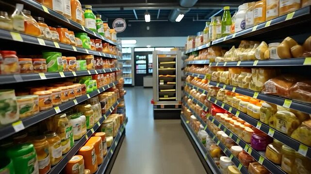 Grocery Store Aisles with Bread, Snacks, and Condiments