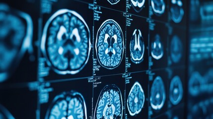 Huntington's Disease Awareness Month Mri scans of human brain displayed in a medical imaging laboratory