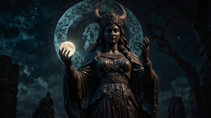 Statue of Hecate, the goddess of dark magic, holding a moon and ancient runes in both hands, with a backdrop of the dark night and mystical light, with carvings depicting her magic and power in the da