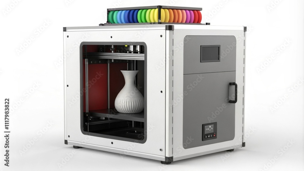 Poster creating a white ceramic vase with a 3d printer using colorful filaments, showing the potential of a