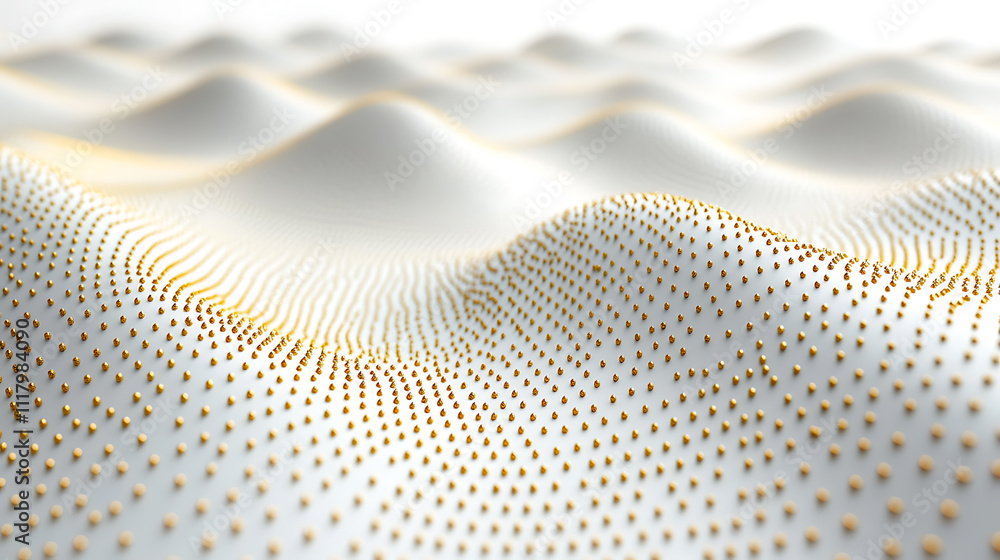Poster abstract representation of flowing golden dots creating serene landscape illusion