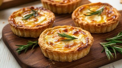 Goat Cheese, Apple and Honey Tarts Delicious mini quiches on wooden board with fresh rosemary garnish