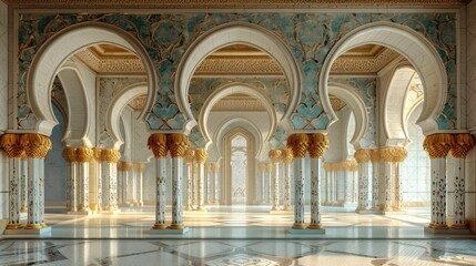 Obraz premium Sunlit grand hall with ornate arches, columns, and mosaic tile floor.