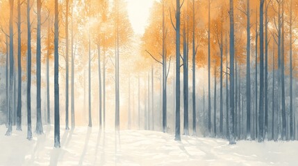 Obraz premium A serene winter forest scene with tall trees and golden foliage.