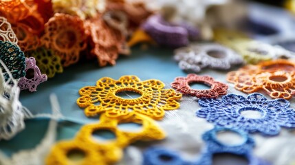 Obraz premium International Tatting Day Colorful handmade crochet doilies display with intricate patterns