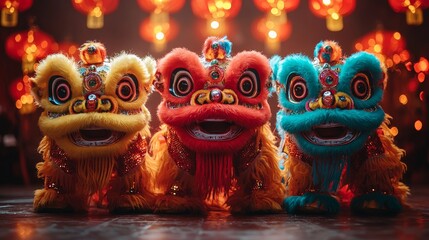 Vibrant lion dance performance with colorful costumes and decorations