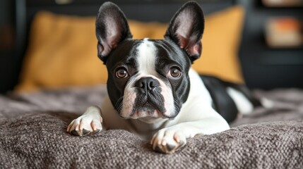 National Train Your Dog Month French bulldog lying on bed with yellow pillow in background