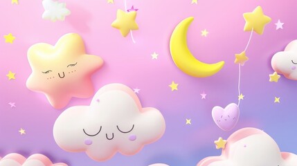 Cute cartoon cloud and stars in a night sky