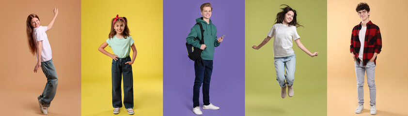 Teenagers on different colors backgrounds. Collage of portraits