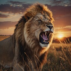 A majestic lion roaring at sunset in a realistic painting style