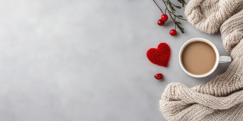 Cozy Winter Morning with Coffee, Knitted Heart, and Decorative Elements on Soft Neutral Background for Concept of Relaxation and Comfort
