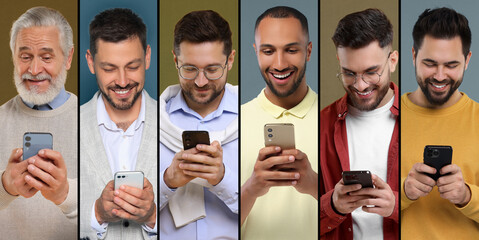 Fototapeta premium Men using mobile phones on different colors backgrounds. Collage of portraits