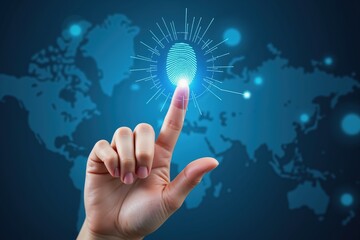 Futuristic fingerprint technology and global security interface concept