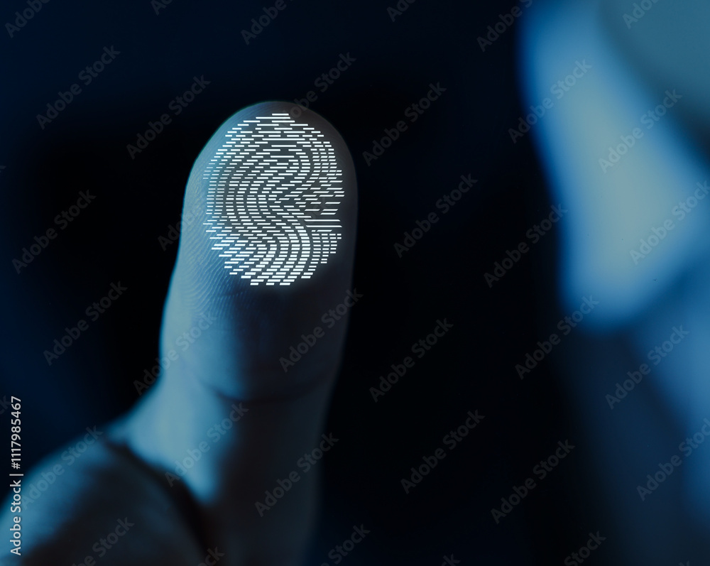 Poster man pressing finger to surface showing friction ridges pattern, closeup. scanning fingerprint
