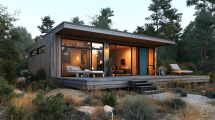 Fototapeta premium Modern cabin surrounded by nature, featuring large windows and outdoor seating.