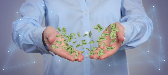 Man showing hands with microbes on grey background, closeup. Illustration of microorganisms