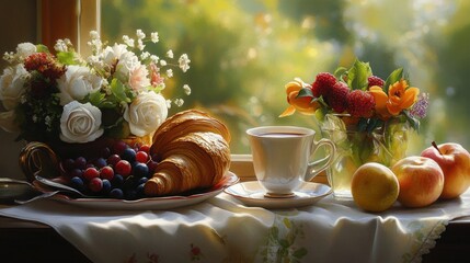 Beautifully Arranged Breakfast with Coffee and Fruits