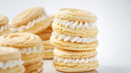 National Cream Puff Day Delicious vanilla french macarons with cream filling on white background