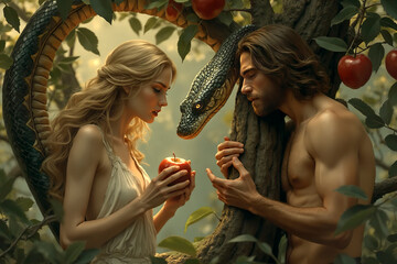 Adam and Eve in Garden of Eden. Eva giving Adam red apple. serpent tempter in paradise. Christian religious legendary story. green ancient snake devil lucifer satan. fall from grace. Lapse from virtue