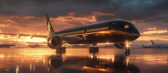 Stunning Sunset Reflection on a Modern Jet Airplane at Airport Tarmac with Dramatic Sky and Vibrant Colors