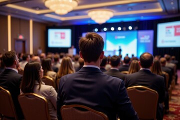 Professionals engaged in conference presentation at corporate event