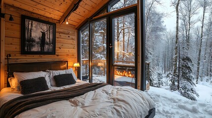 Cozy winter cabin with panoramic glass walls 