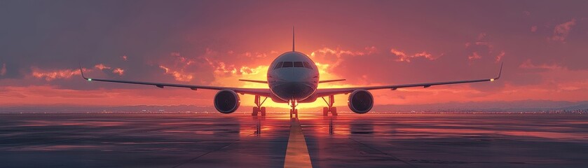 Airplane on Runway at Sunset with Vibrant Sky and Dramatic Clouds in the Background, Capturing the Essence of Travel and Adventure