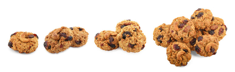 Tasty cookies with nuts and dried cranberries isolated on white