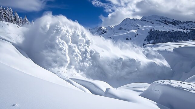 Dramatic avalanche in snowy mountains 
