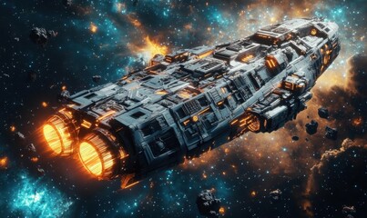 A futuristic spaceship navigating through a vibrant cosmic scene.