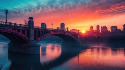 Naklejka premium A vibrant sunset over a city bridge reflecting in the river, showcasing urban beauty.