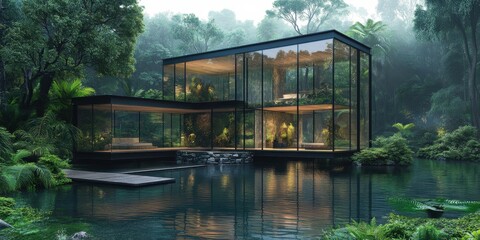 Stunning glass house nestled in lush greenery by tranquil waters showcasing natural harmony and modern architecture