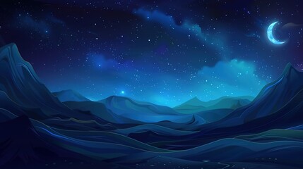 Fototapeta premium Panoramic blue night sky with milky way and stars on dark background. Fill the universe, nebulae and galaxies with noise and particles. Dark night sky.