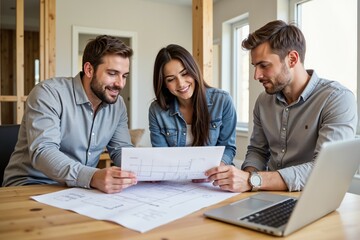 Young professionals collaborating on architectural project with laptops and blueprints