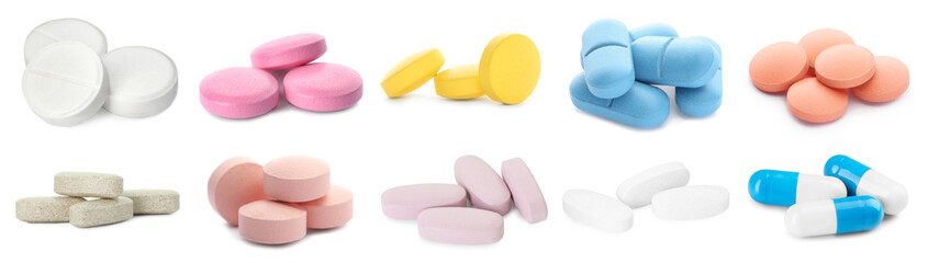 Set of different antibiotic pills isolated on white