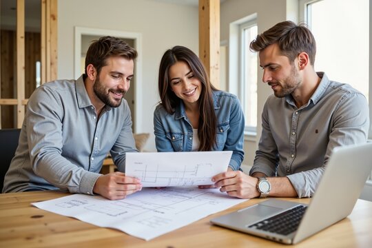 Young professionals collaborating on architectural project with laptops and blueprints