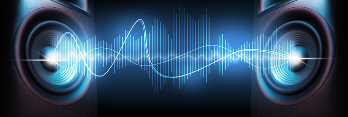 Sound waves between loudspeakers on black background, banner design