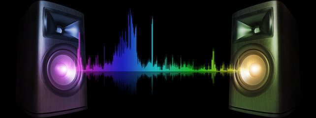 Sound waves between loudspeakers on black background, banner design