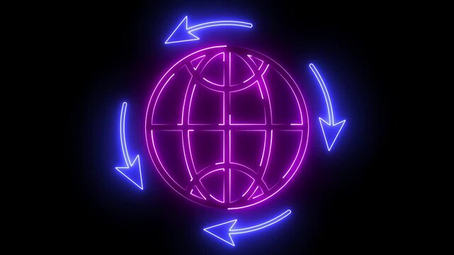 A neon globe icon features a glowing, vibrant representation of the Earth, often with bright neon colors like blue, green, or purple. It symbolizes global connectivity, location, or international .