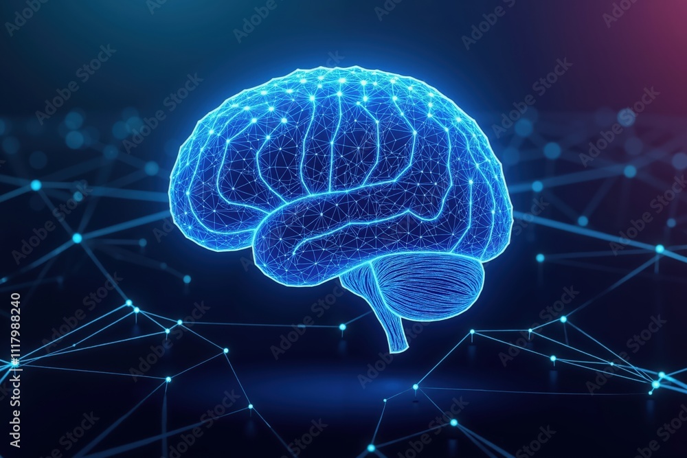 Poster futuristic glowing digital brain with connected network nodes, symbolizing artificial intelligence, 