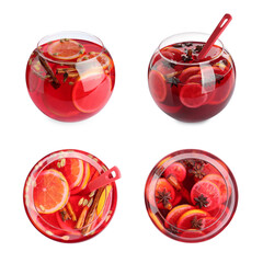 Tasty punch drink in glass bowl isolated on white, collage