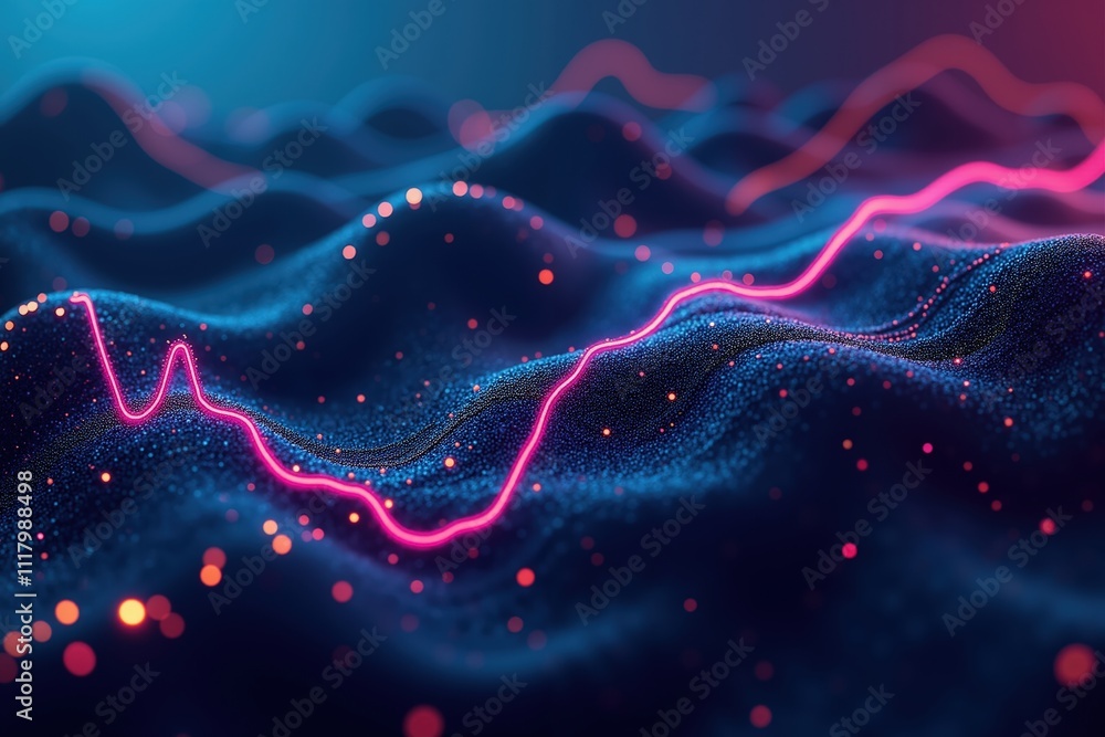 Canvas Prints neon waves and dotted patterns with vibrant pink lines on abstract blue surface
