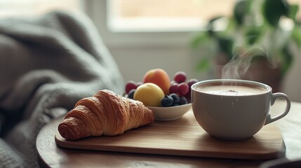 Cozy Breakfast Scene with Steaming Cup and Croissant