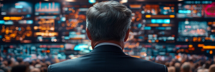 image depicts man in suit standing in front of large display of data and analytics, conveying sense of authority and focus in high tech environment