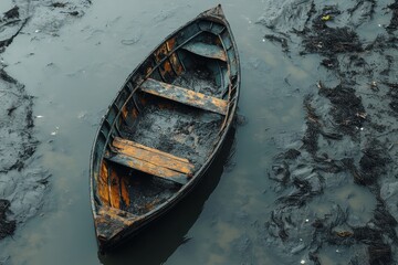 Obraz premium Abandoned Wooden Rowboat in Muddy Waters Surrounded by Seaweed and Algae in a Serene Coastal Environment