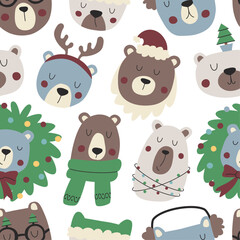Festive Christmas seamless template with hand drawn cute bears. Repeating design for wrapping paper, fabric and wallpaper.