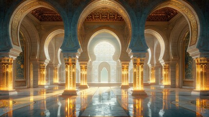 Obraz premium Sunlit opulent hall with arches, columns, and ornate details.