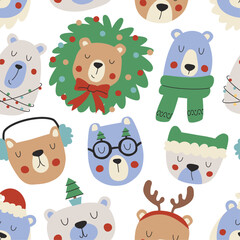 Seamless vector pattern with cute Christmas bears. Christmas repeating design for wrapping paper.