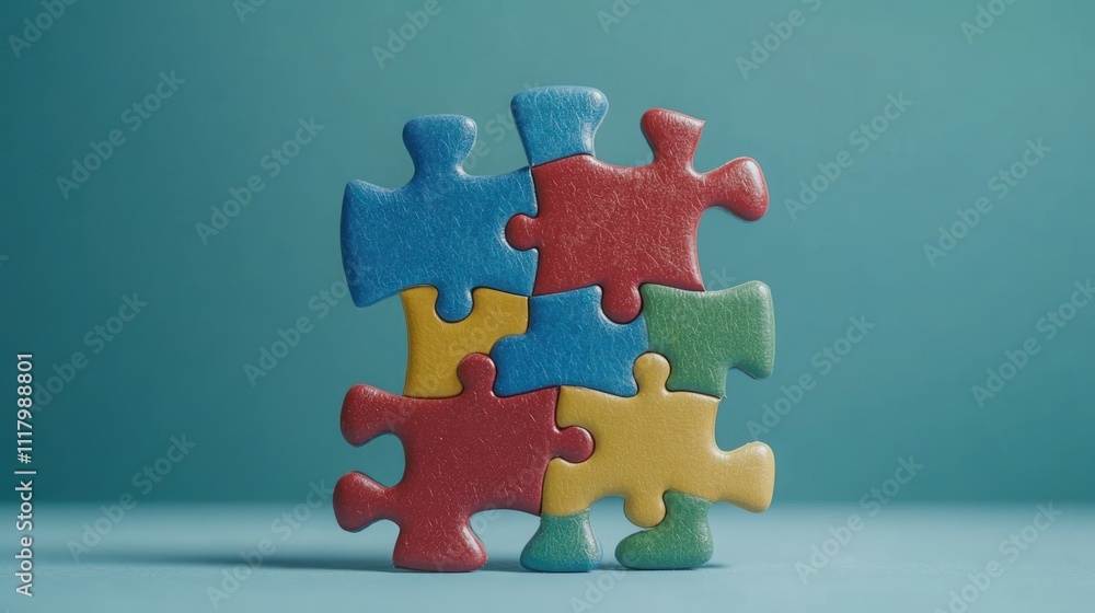 Poster colorful interlocking puzzle pieces on a blue background, symbolizing problem-solving and unity.