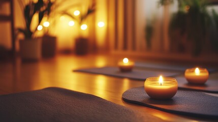 serene yoga session with lit candles on mats in dimly lit room